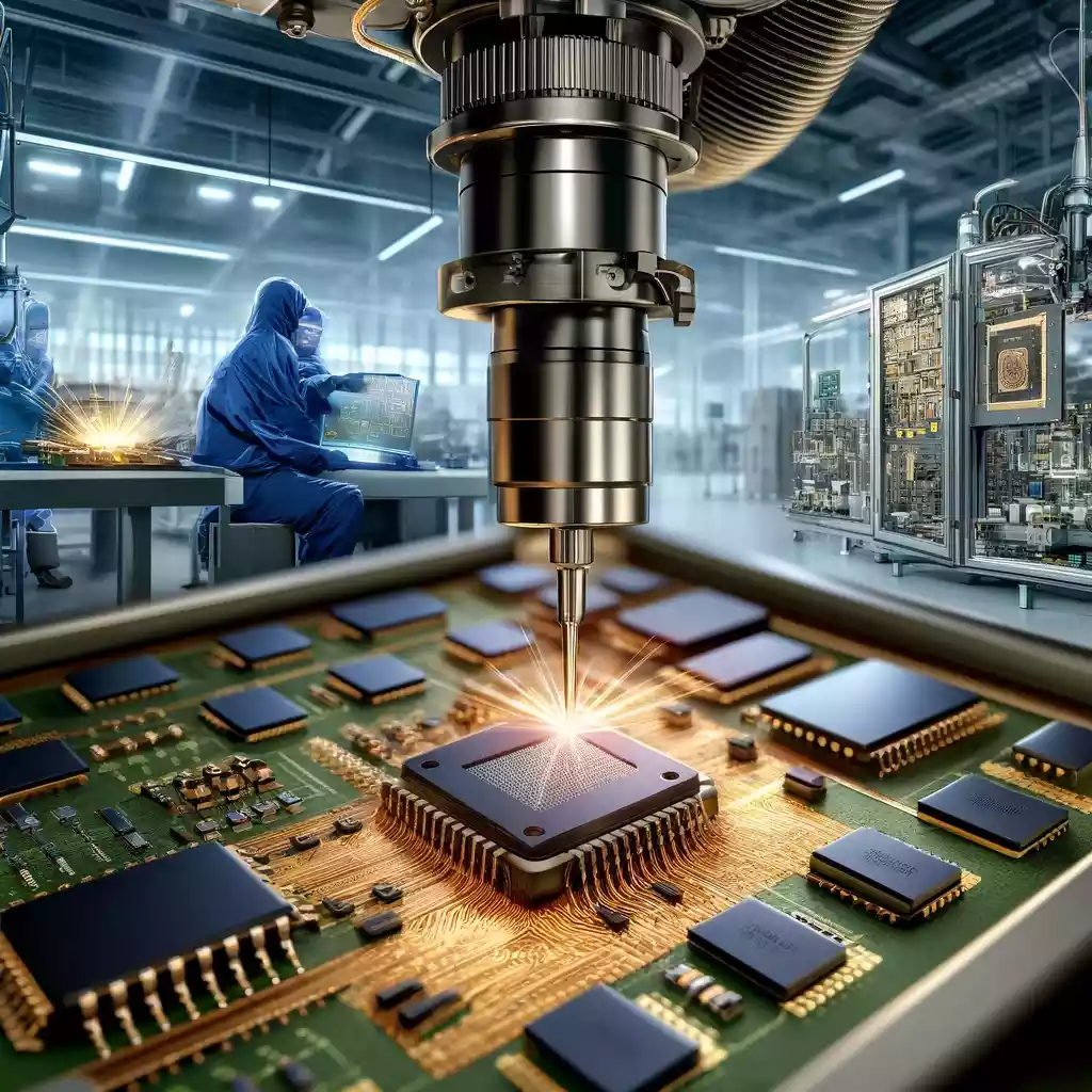 a picture of Laser welding of mobile phone chips and PCB boards